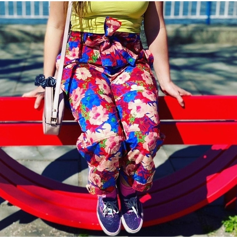Zara High Rise Baggy Belted Floral Pants Womens Size XL